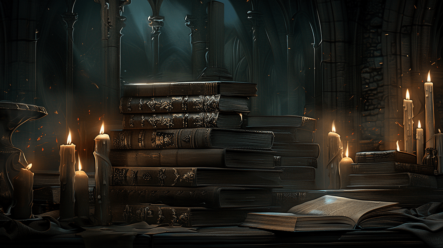 Une pile de gros volumes reliés de cuir sombre, aux dos gravés d'ornements dorés, posée sur une table dans une bibliothèque gothique voûtée, entourée de longues bougies allumées, un livre ouvert à plat au premier plan
